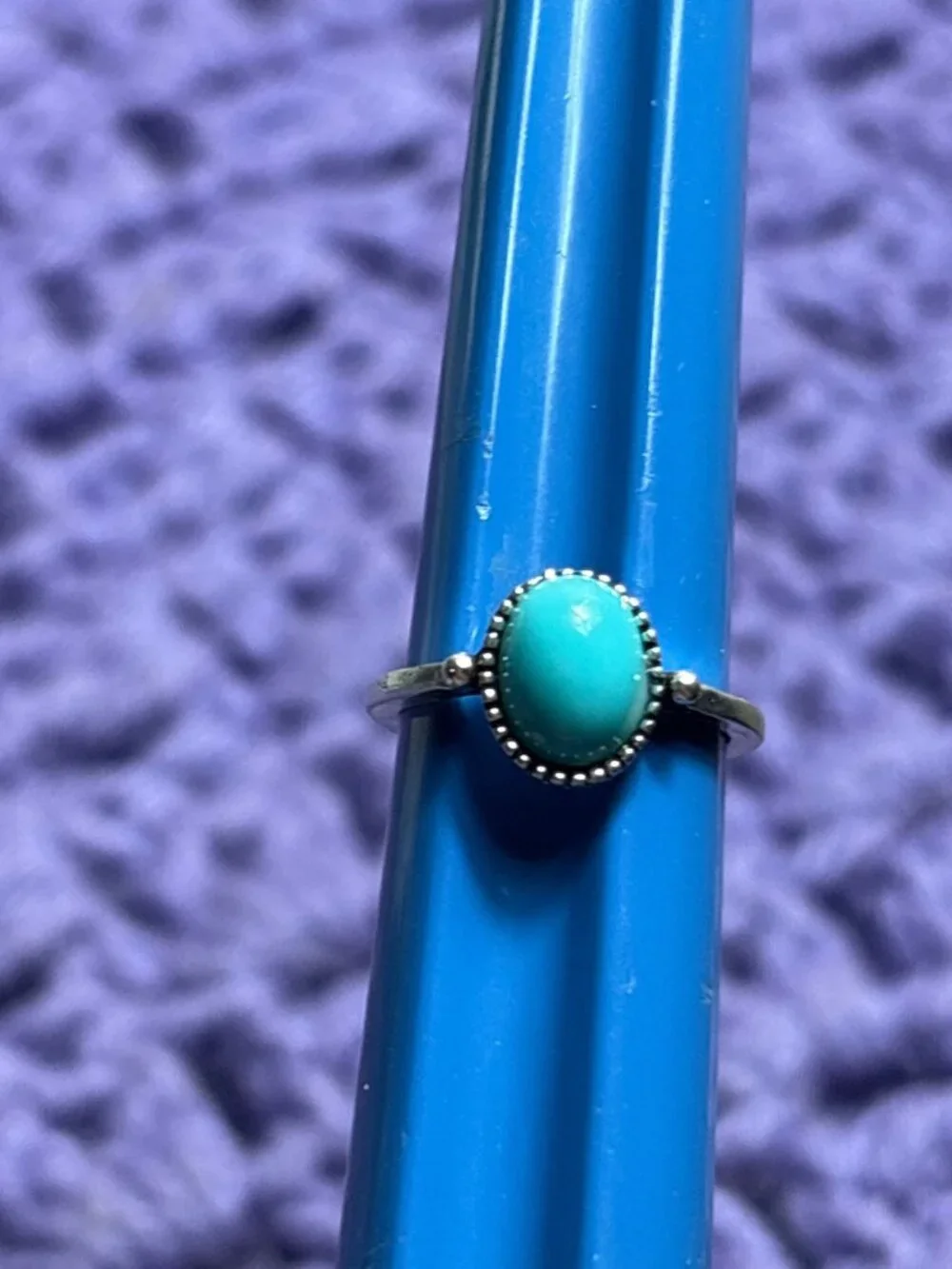 Silvertone Oval Faux Turquoise Cabochon Ring Size 4